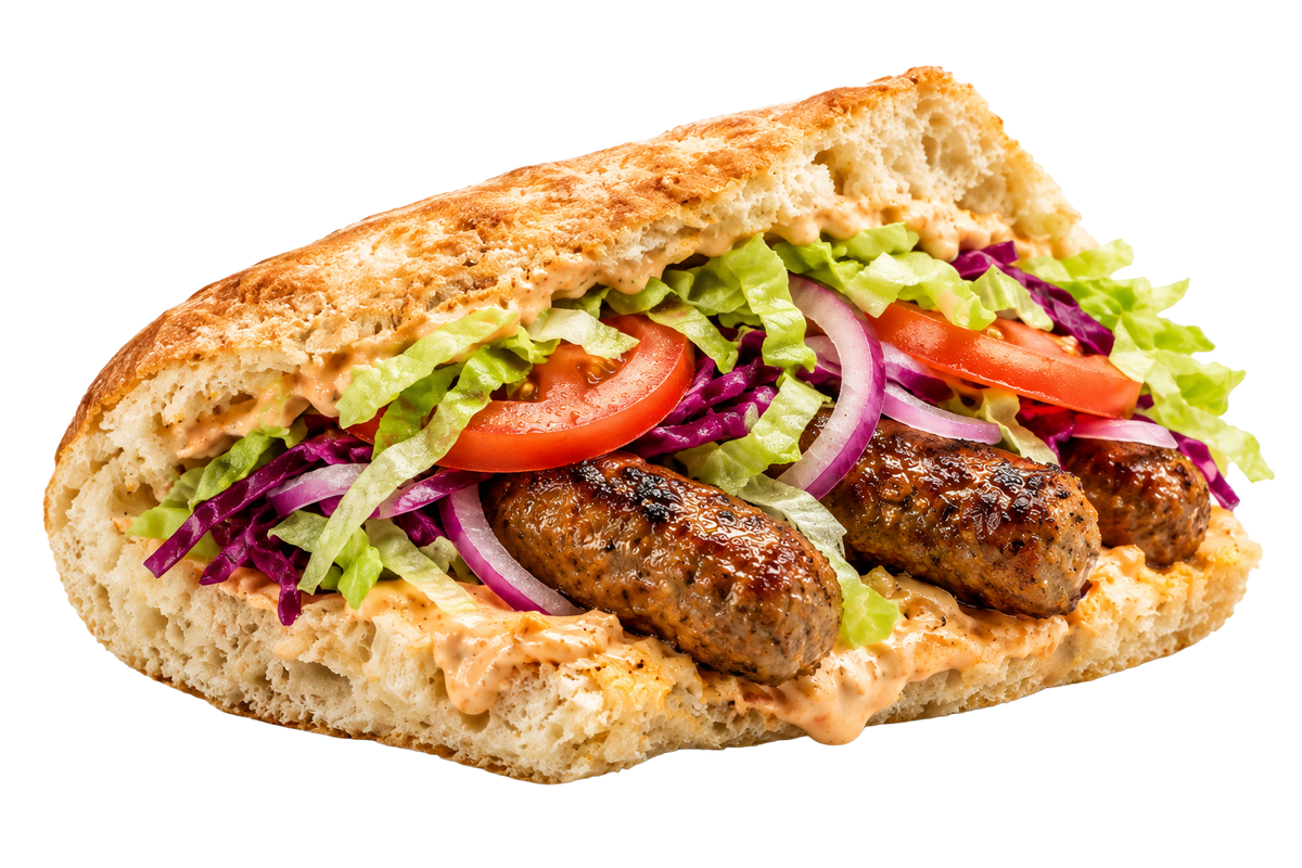 Cevapcici im Fladenbrot mit Salat, Zwiebeln und Soße