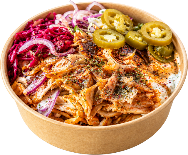 Bowl mit Fleisch, Salat und Soße